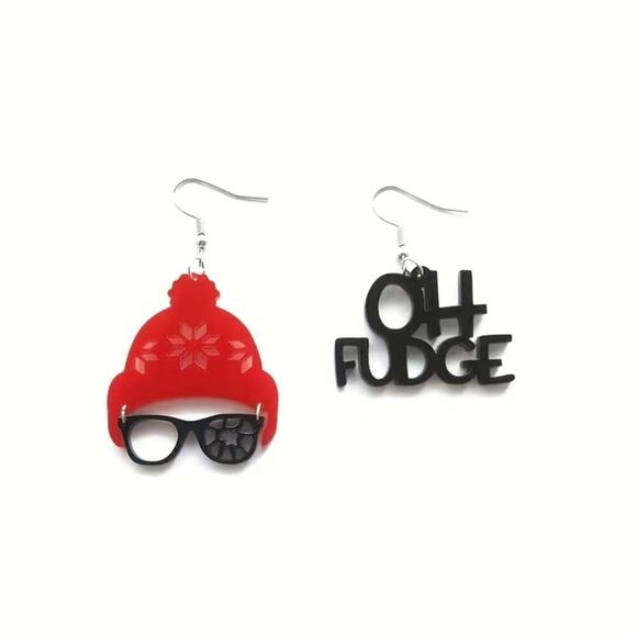 A Christmas Story "Oh Fudge" Ralphie red & black acrylic earrings - Picture 1 of 4